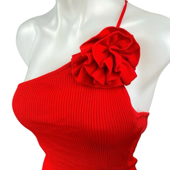 NIA Marais Red Ribbed Knit One Shoulder 3D Floral Sleeveless Cami Blouse Top M - Picture 3 of 6